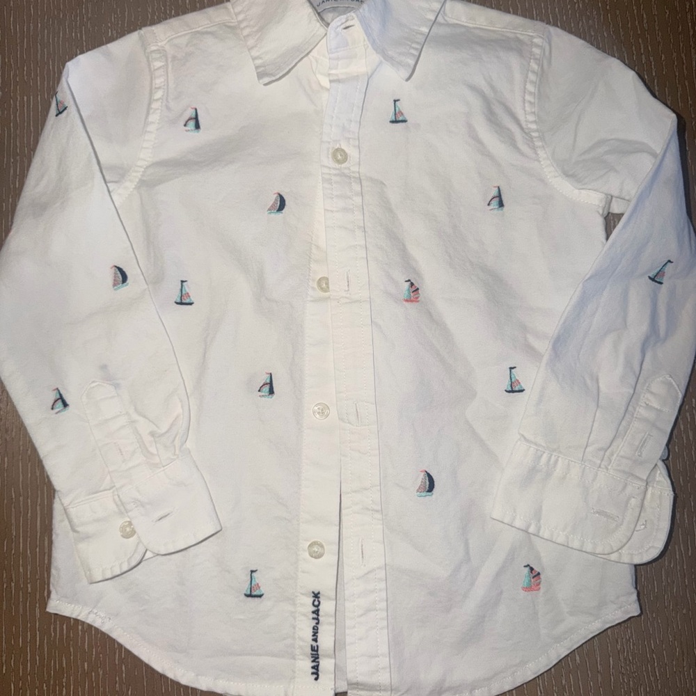 Janie and Jack White Shirt with Sailboat Design